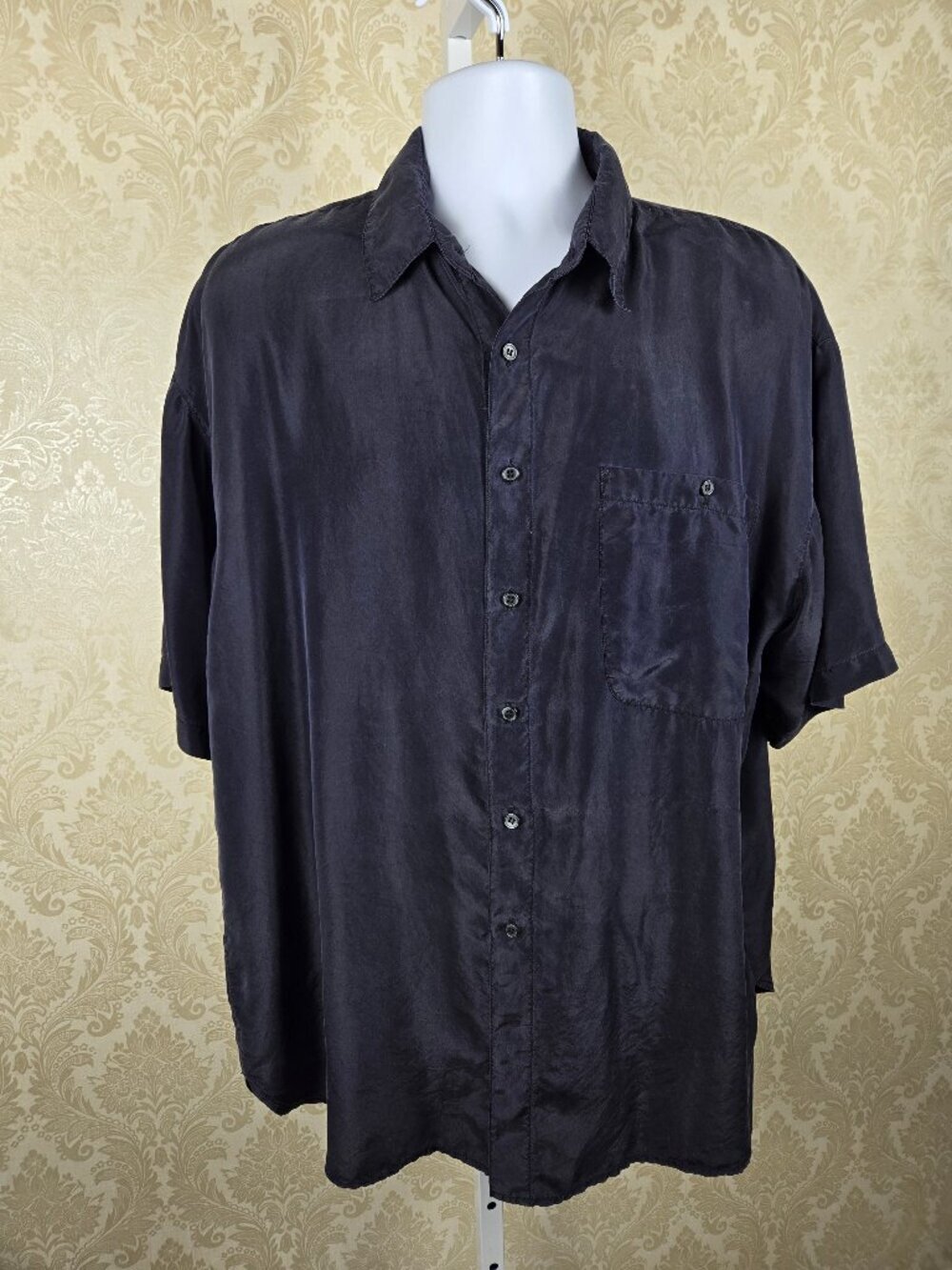 Silk Society Sz Large Black Button Up Shirt 100% Silk Short Sleeve Chest Pocket